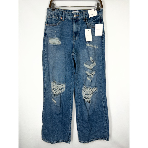 Forever 21 Distressed Mid Rise Baggy Wide Straight Jean Retro Y2K Grunge Size 27 - Picture 1 of 5